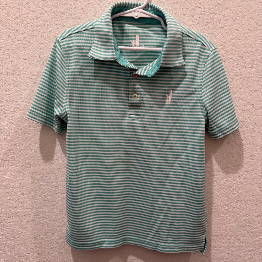 johnnie-O Boys Striped Performance Polo Shirt Green White Size 8 Short Sleeve
